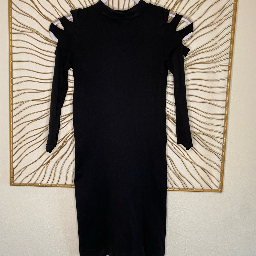 Bebe bodycon mock-neck black dress with arm cutouts